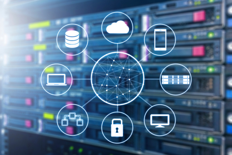 Cloud technology connected all devices with server and storage in datacenter background
